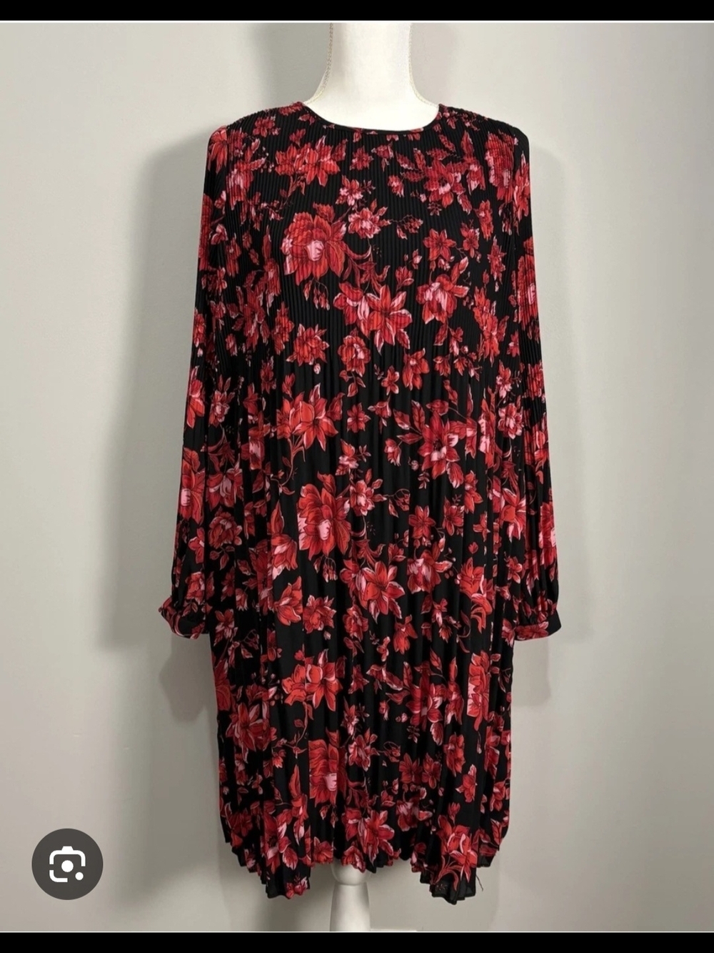 Philosophy Black Long-Sleeve Pleated Dress with Red Floral Print